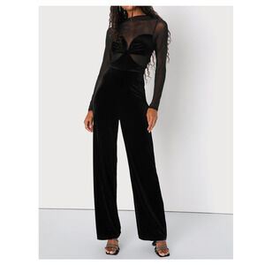 LULU'S XXS Black Edgy Charisma Cutout Long Sleeve Velvet Jumpsuit NEW 0B12